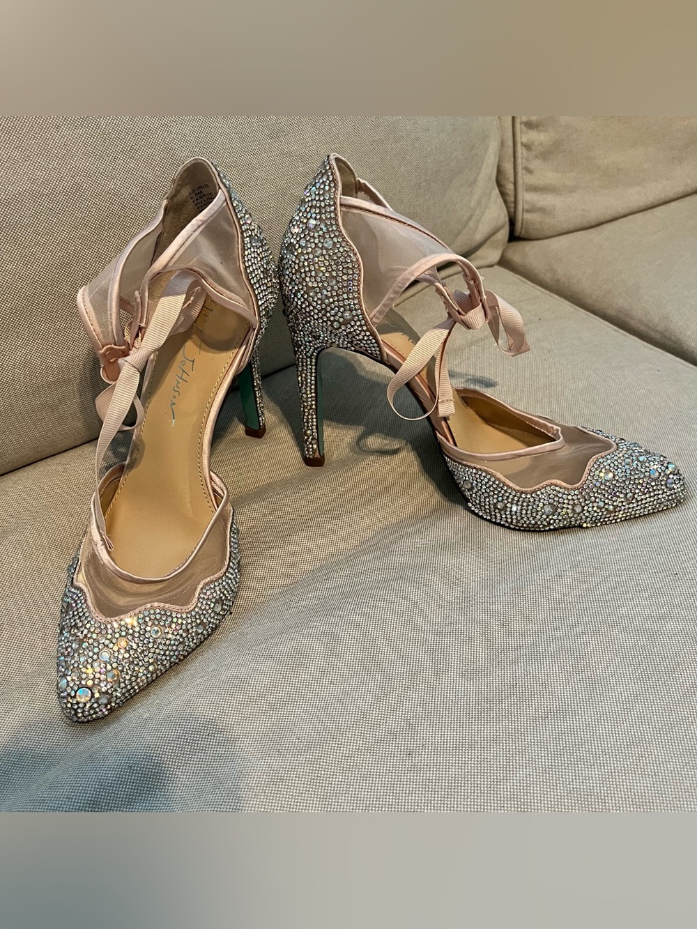 Betsey Johnson Embellished Pink Rhinestone High Heels with Ankle Ribbon